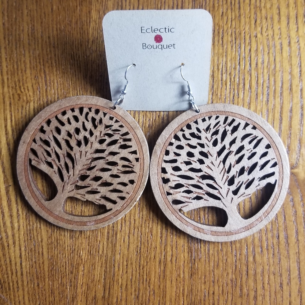 MEDIUM BROWN WOOD TREE EARRINGS